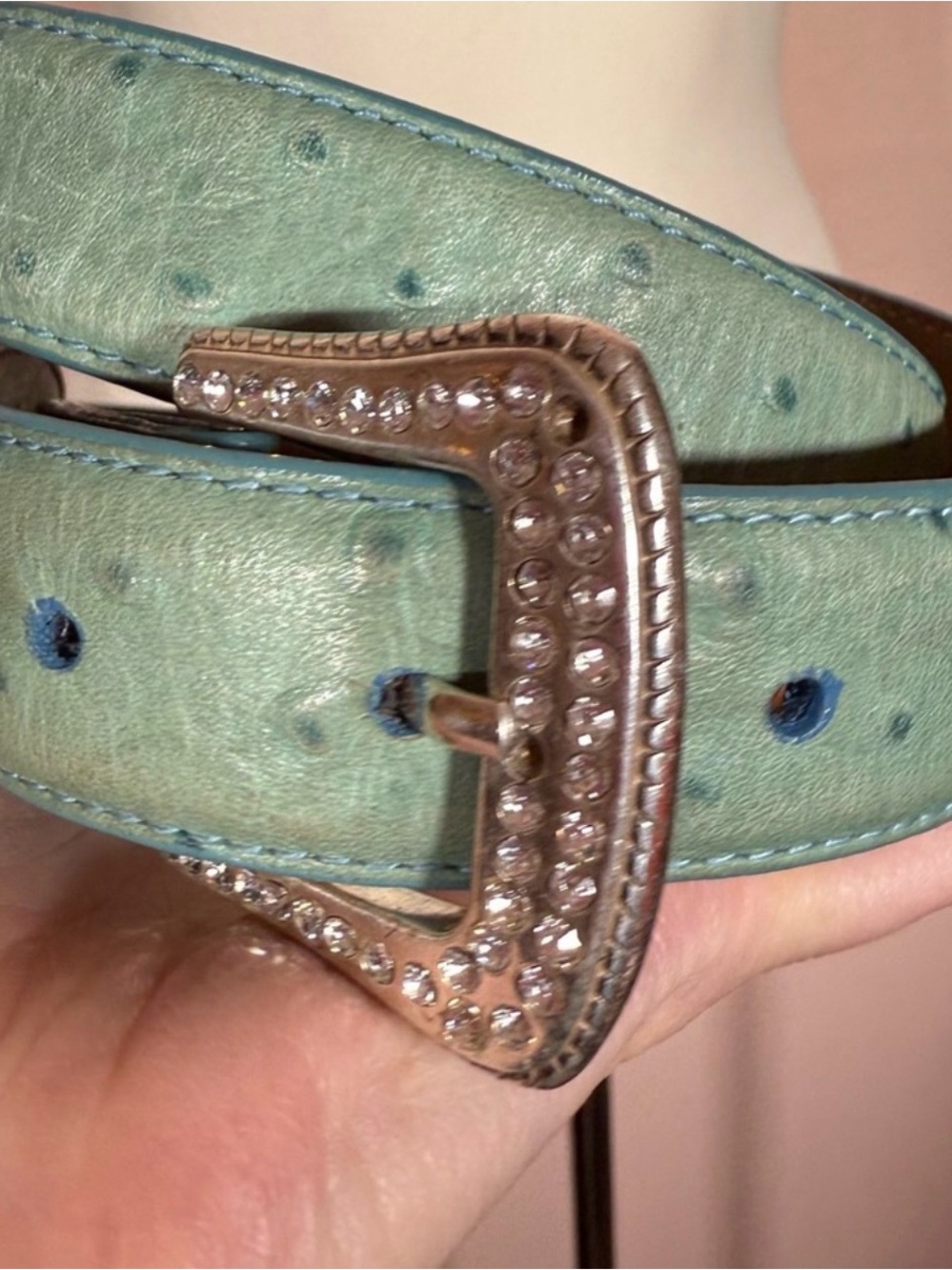 Roper turquoise ostrich embossed leather rhinestone silver buckle western belt - Picture 2 of 14